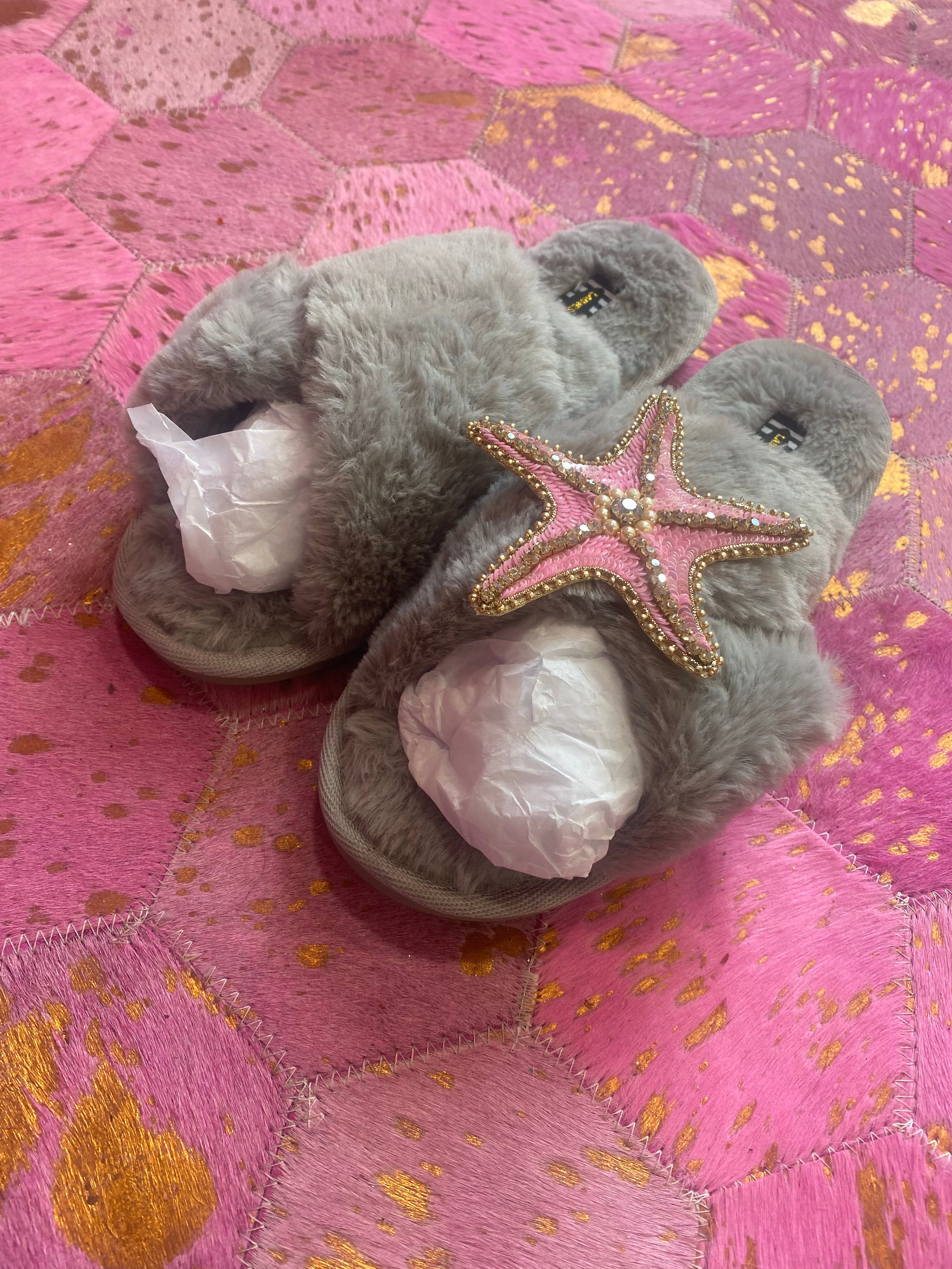 Laines London Grey Fluffy Slippers With Pink & Gold Starfish Brooch