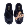 Laines London Navy Fluffy Slippers With Pink & Gold Lobster Brooch