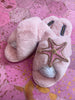 Laines London Pink Fluffy Slippers With Pink and Gold Starfish Brooch