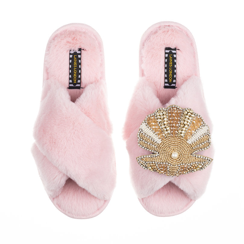 Laines London Pink Fluffy Slippers With Pearl & Gold Oyster Brooch