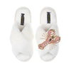 Laines London Cream Fluffy Slippers With Pink & Gold Lobster Brooch
