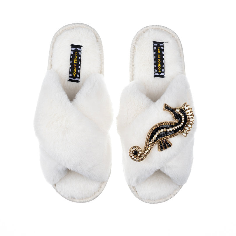 Laines London Cream Fluffy Slippers With Black & Gold Sea Horse Brooch