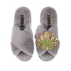 Laines London Grey Fluffy Slippers With Green & Gold Shell Brooch