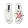 Laines London Cream Fluffy Slippers With Pink and Gold Starfish Brooch