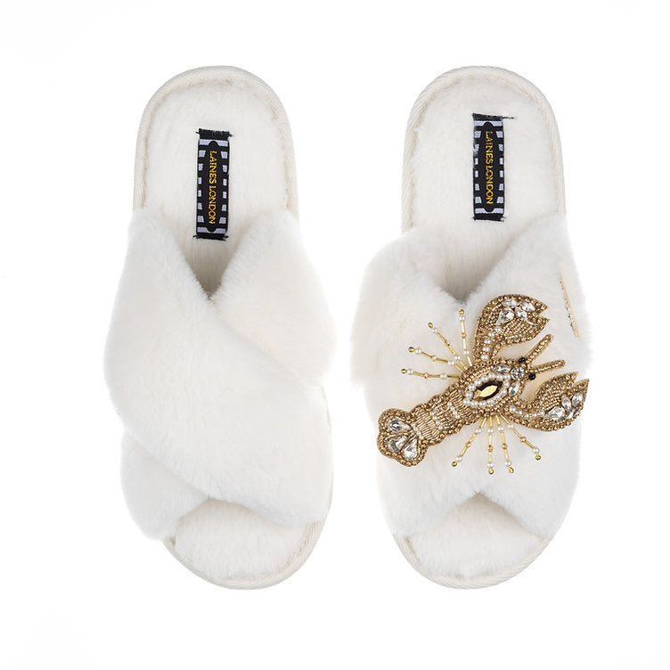 Laines London Cream Fluffy Slippers With Pearl & Gold Lobster Brooch