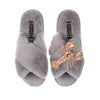 Laines London Grey Fluffy Slippers With Pink & Gold Lobster Brooch