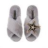 Laines London Grey Fluffy Slippers With Black & Gold Starfish Brooch