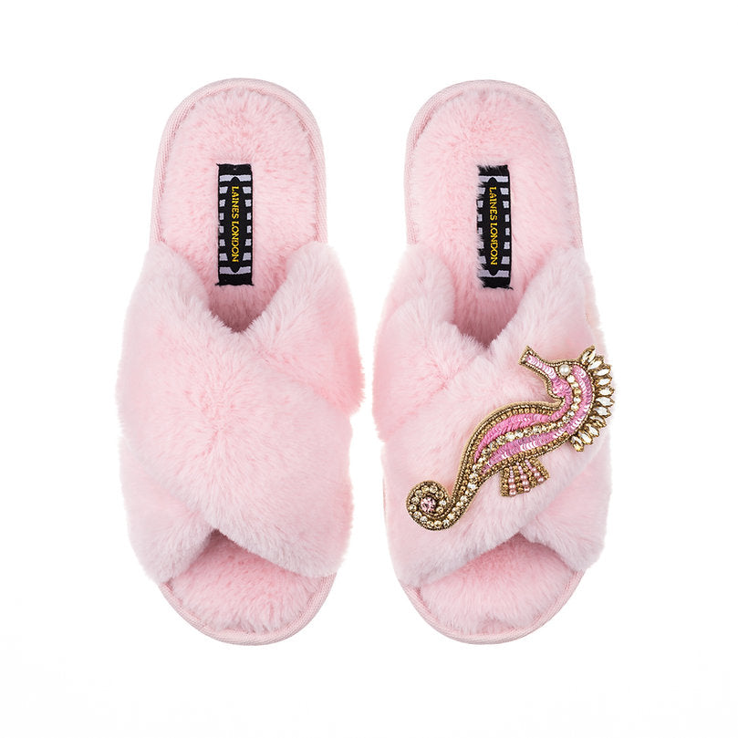 Laines London Pink Fluffy Slippers With Pink Sea Horse Brooch