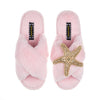 Laines London Pink Fluffy Slippers With Gold Starfish Brooch