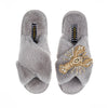 Laines London Grey Fluffy Slippers With Pearl & Gold Lobster Brooch