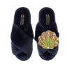 Laines London Navy Fluffy Slippers With Green & Gold Shell Brooch