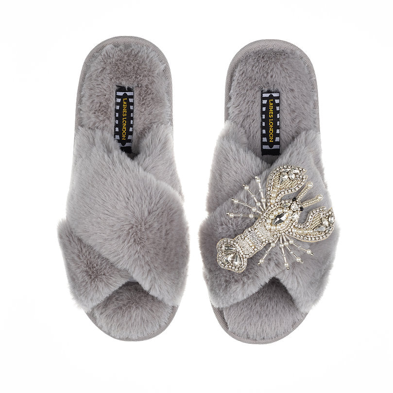 Laines London Grey Fluffy Slippers With Silver Lobster Brooch