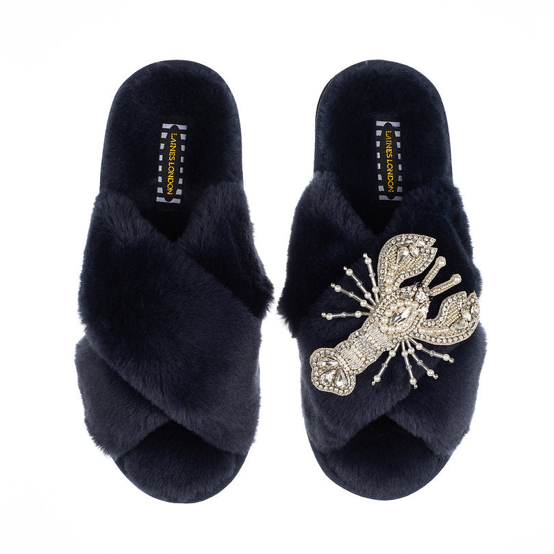 Laines London Navy Fluffy Slippers With Silver Lobster Brooch