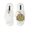 Laines London Cream Fluffy Slippers With Green & Gold Shell Brooch