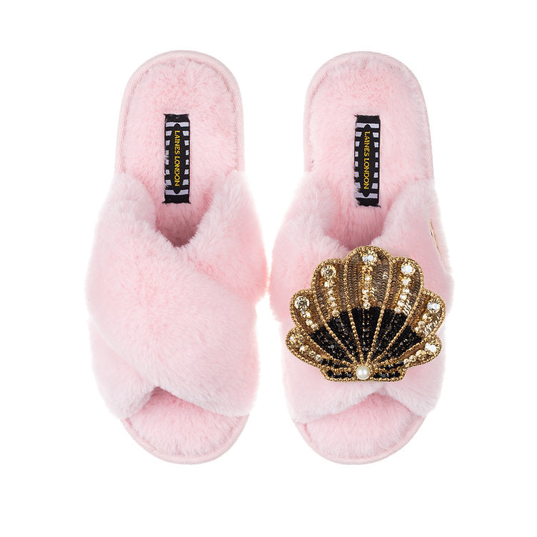 Laines London Pink Fluffy Slippers With Black & Gold Shell Brooch