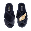 Laines London Navy Fluffy Slippers With Gold & Pearl Cone Shell Brooch