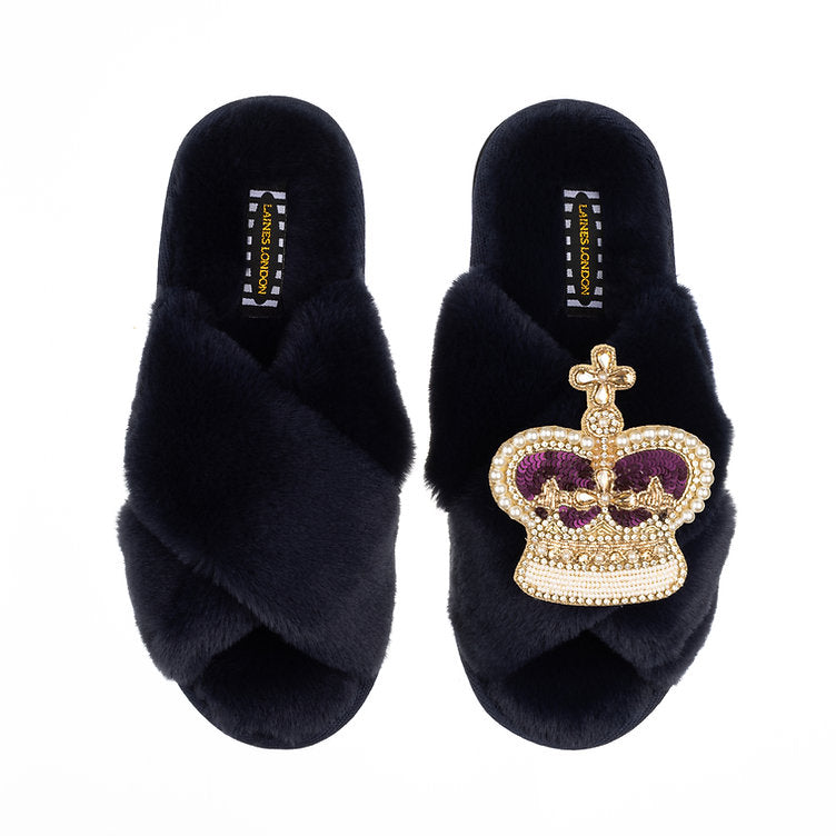 Laines London Navy Fluffy Slippers With Purple Crown Brooch