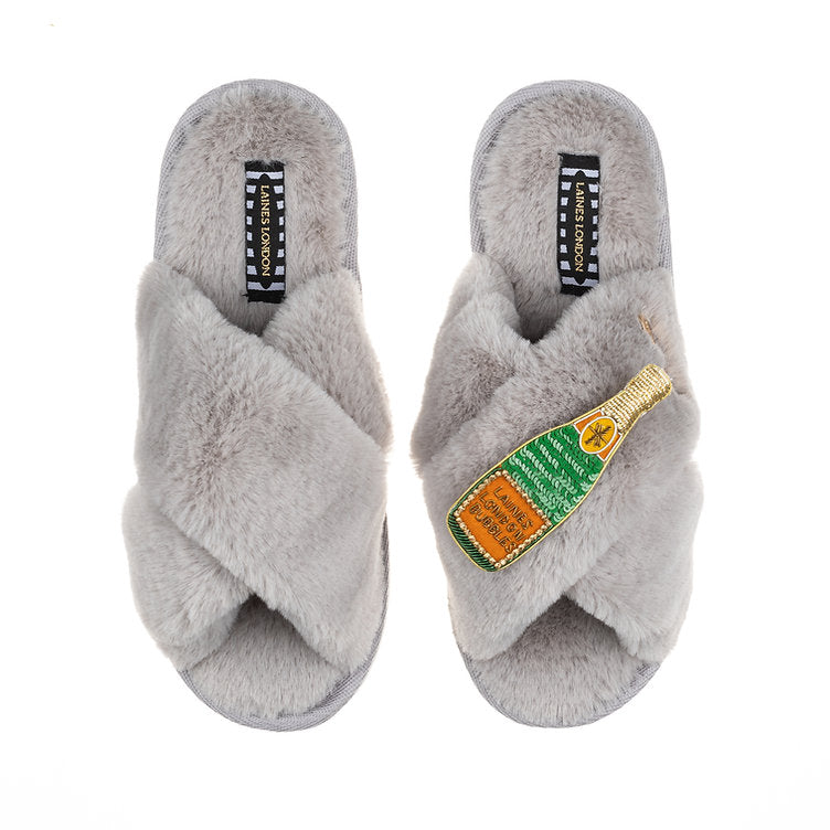 Laines London Grey Fluffy Slippers With Bubbly Brooch