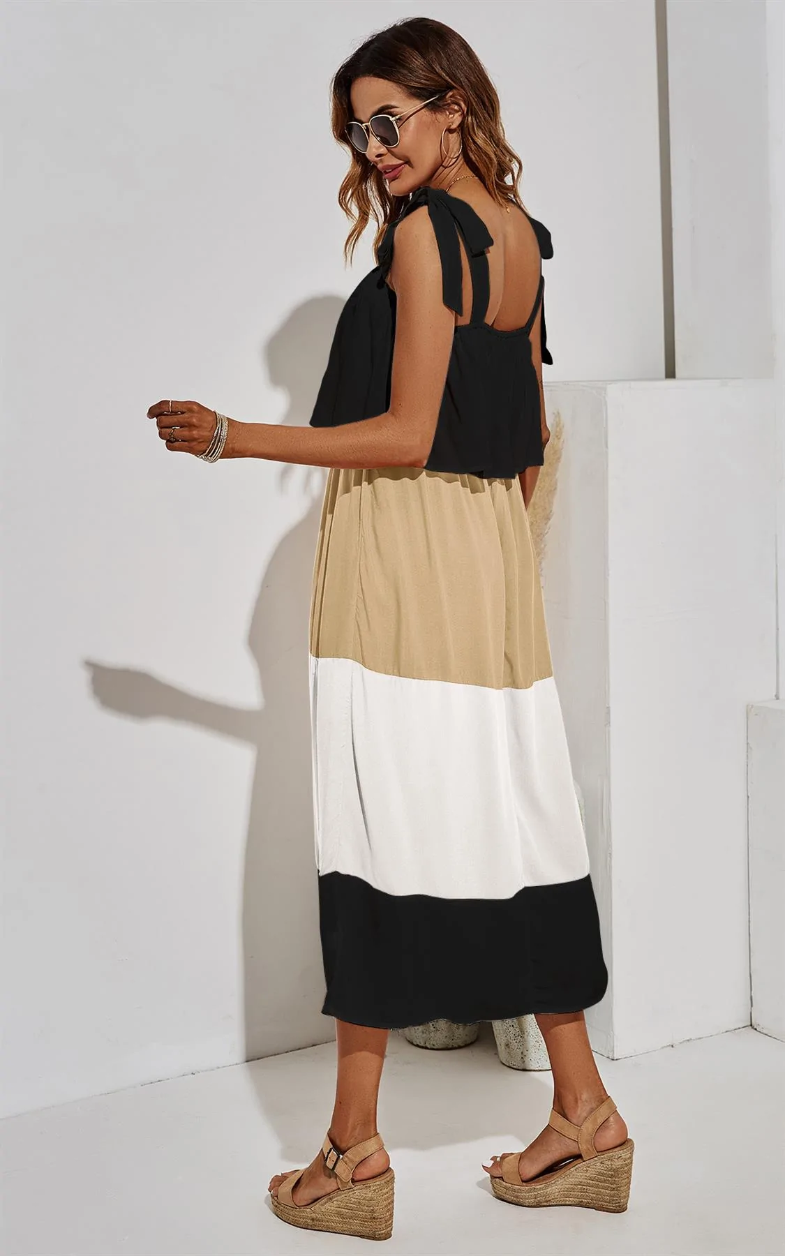 Eva - Tie Shoulder White & Beige Colour Block Maxi Dress In Black