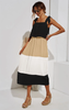 Eva - Tie Shoulder White & Beige Colour Block Maxi Dress In Black