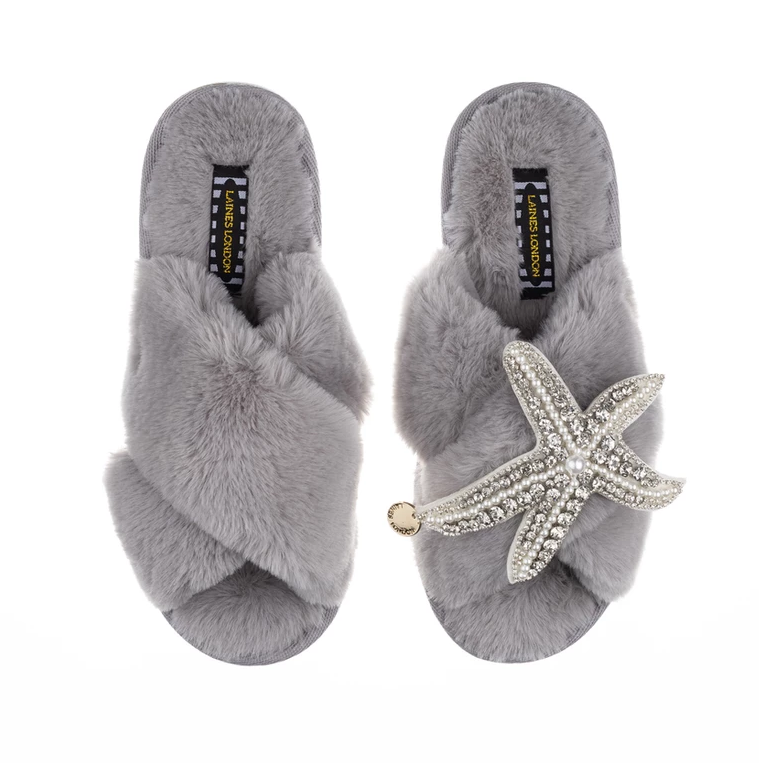 Laines London Grey Fluffy Slippers With Silver Starfish Brooch