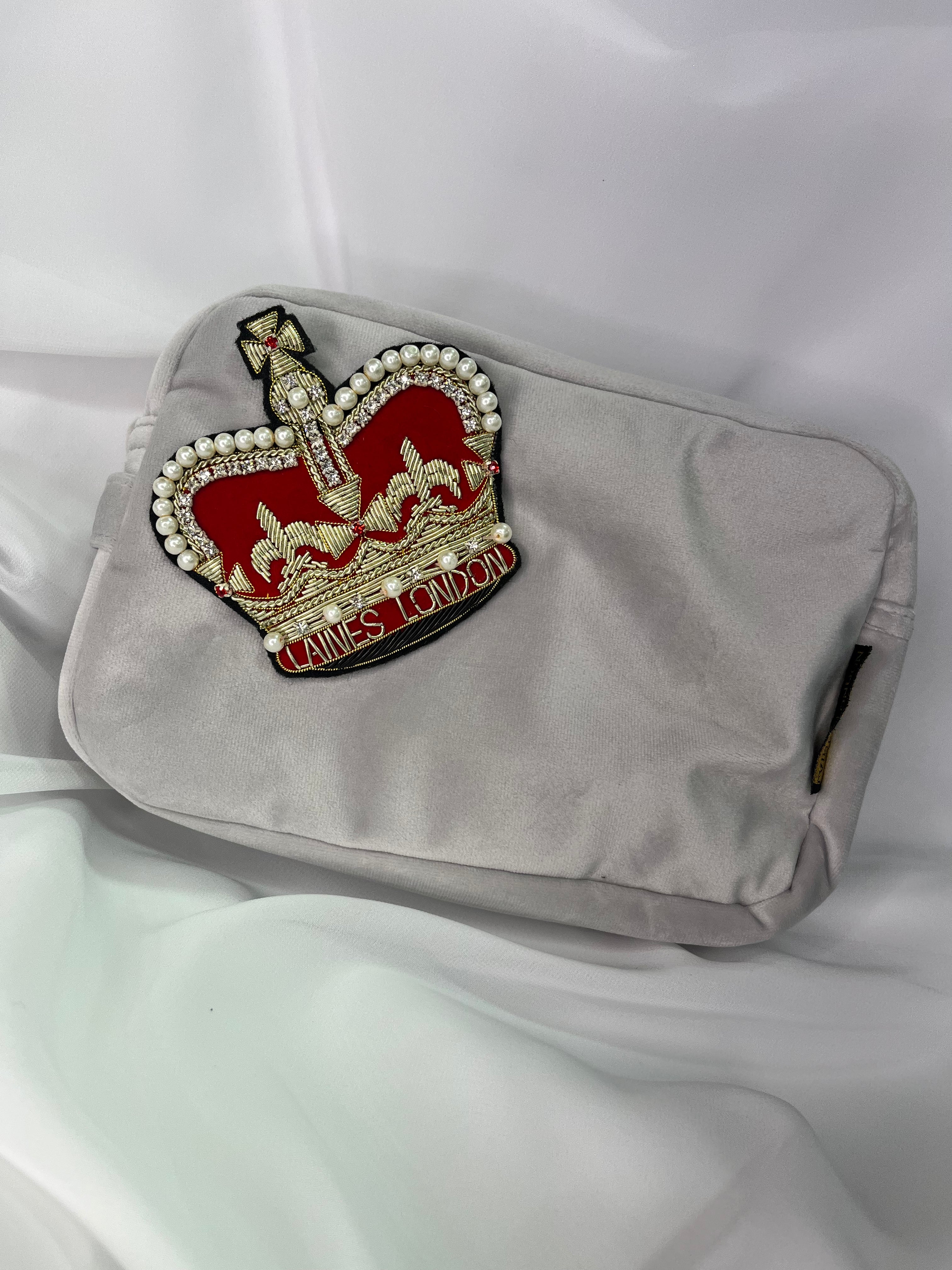 Grey Velvet Laines London Make-Up Bag with Red Crown Brooch