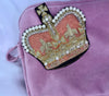 Load image into Gallery viewer, Pink Velvet Laines London Make-Up Bag with Crown Brooch