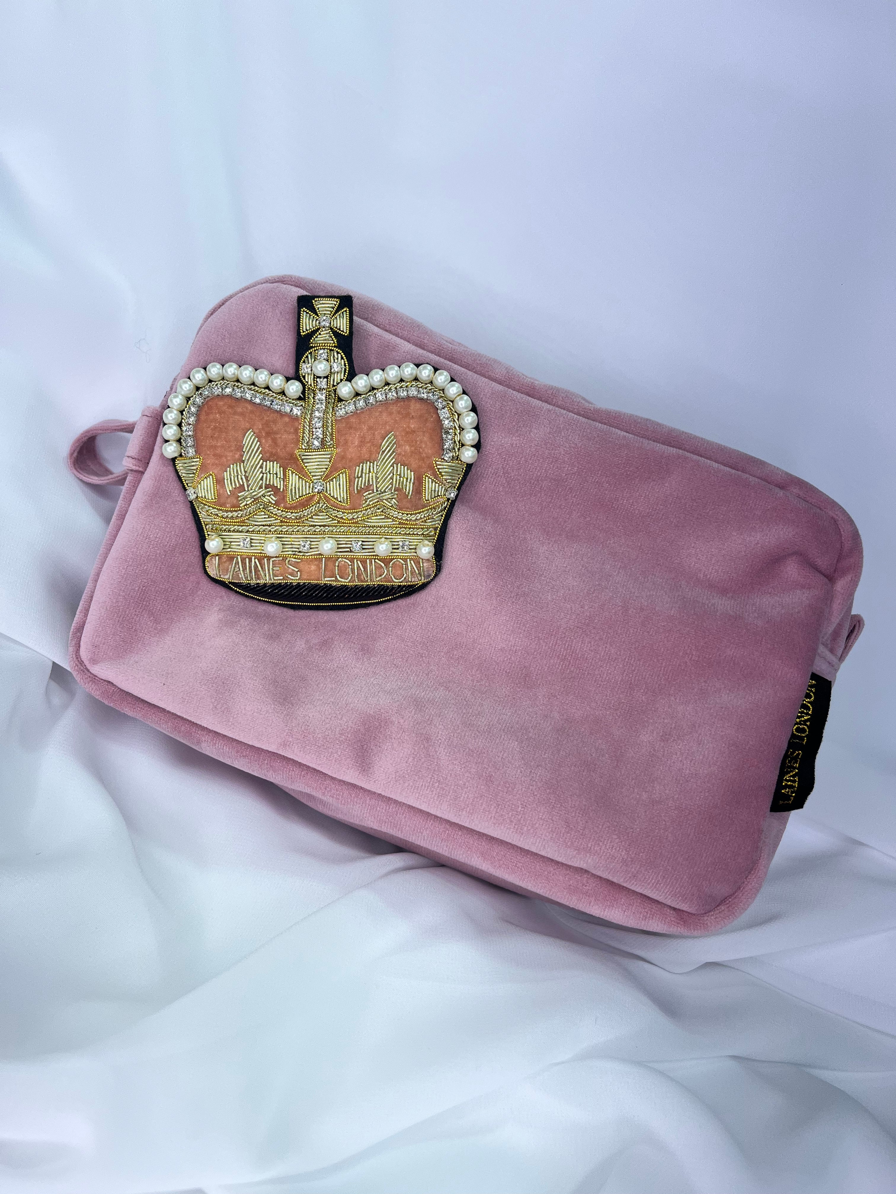 Pink Velvet Laines London Make-Up Bag with Crown Brooch