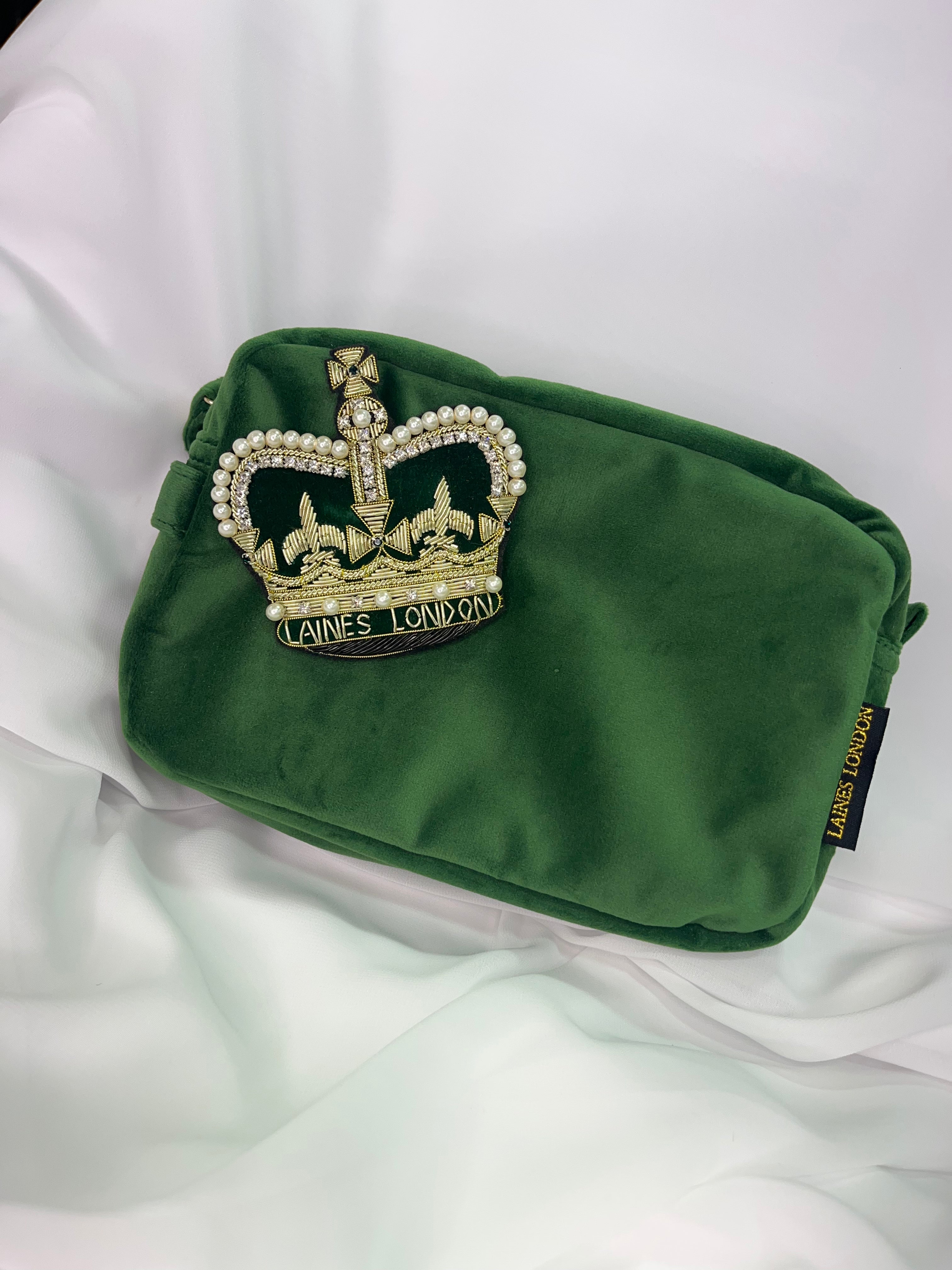 Green Velvet Laines London Make-Up Bag with Crown Brooch