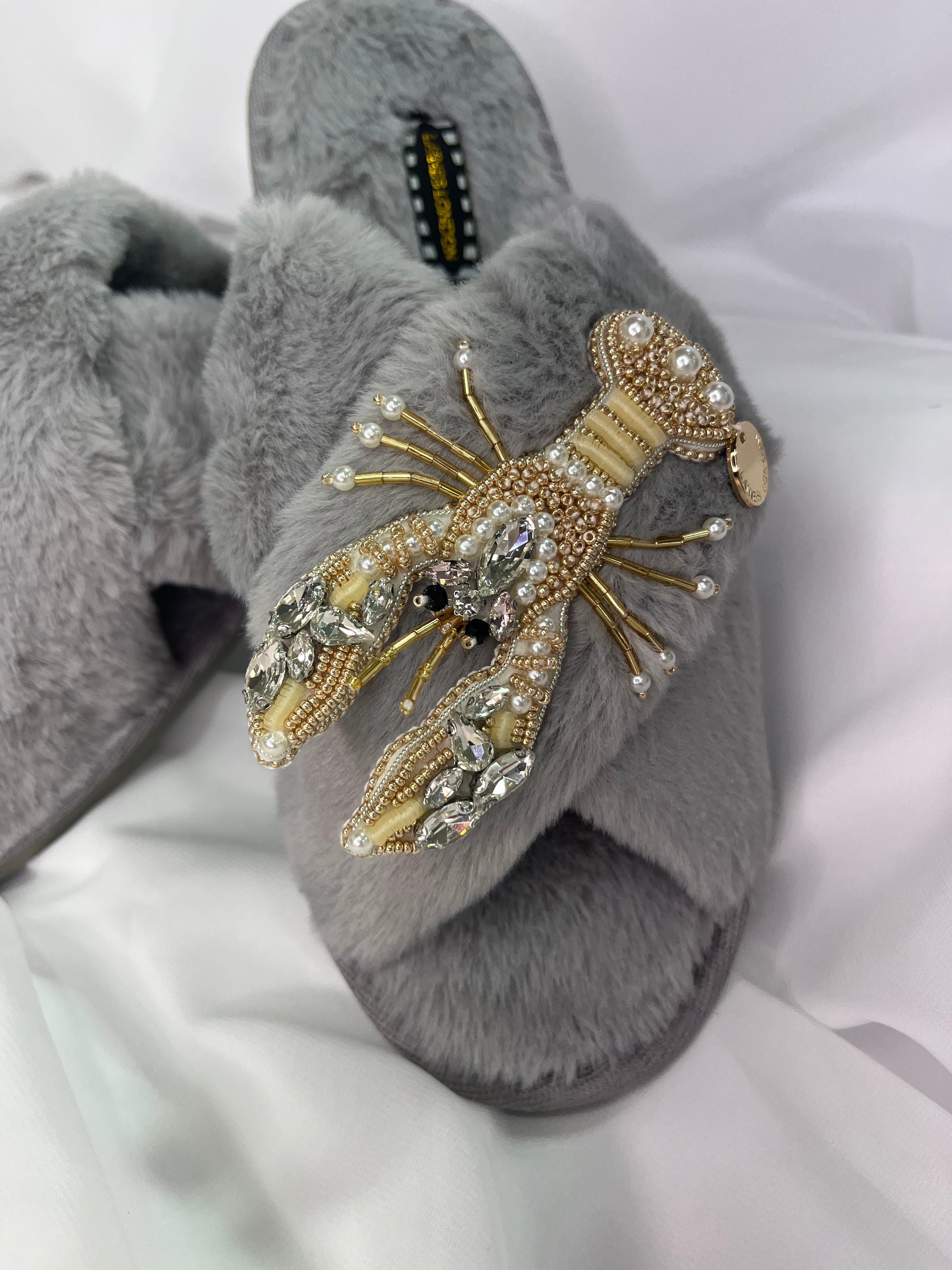 Laines London Grey Fluffy Slippers With Gold, Silver & Pearl Lobster Brooch