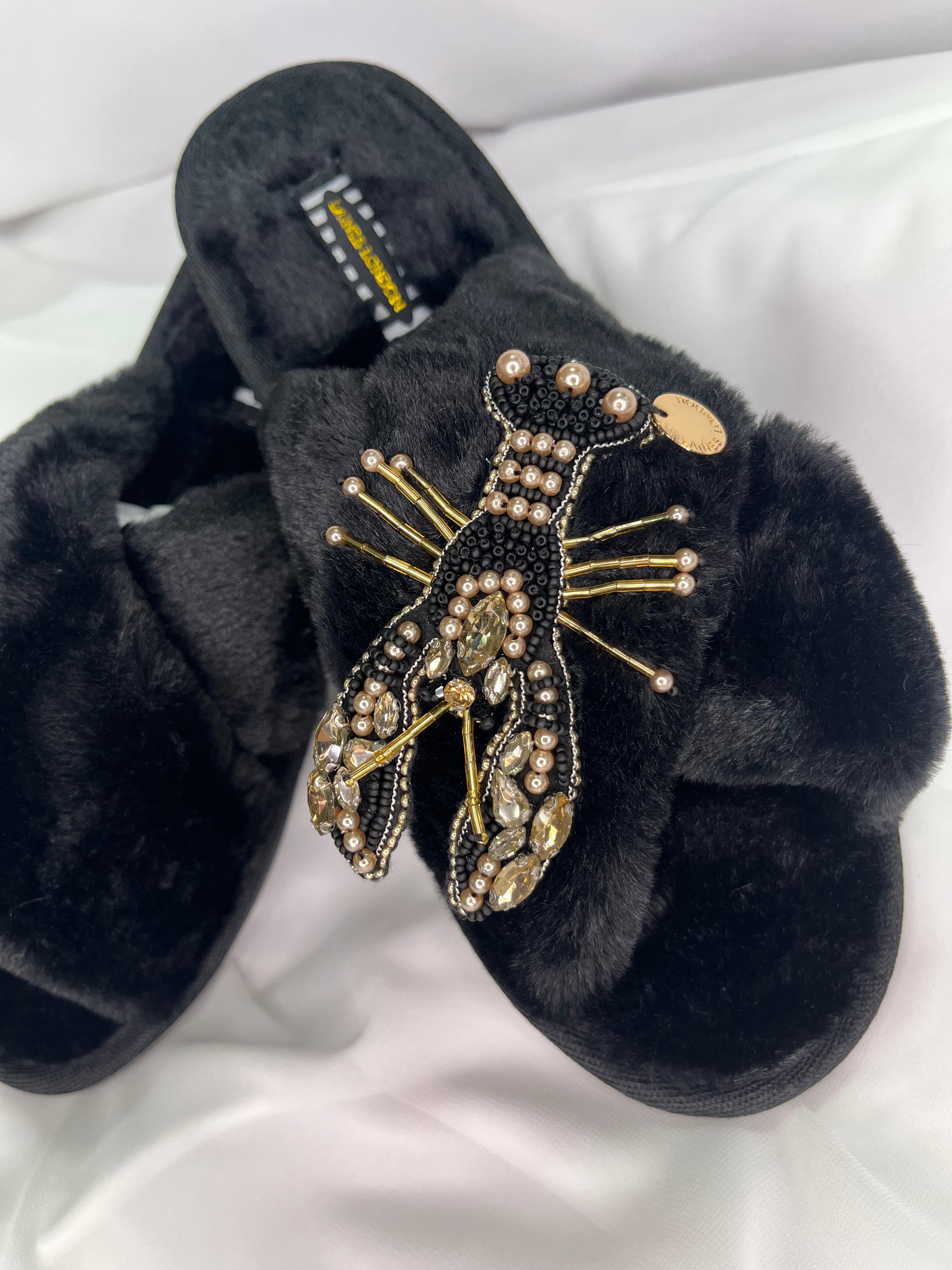Laines London Black Fluffy Slippers With Black & Gold Lobster Brooch