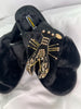 Load image into Gallery viewer, Laines London Black Fluffy Slippers With Black &amp; Gold Lobster Brooch