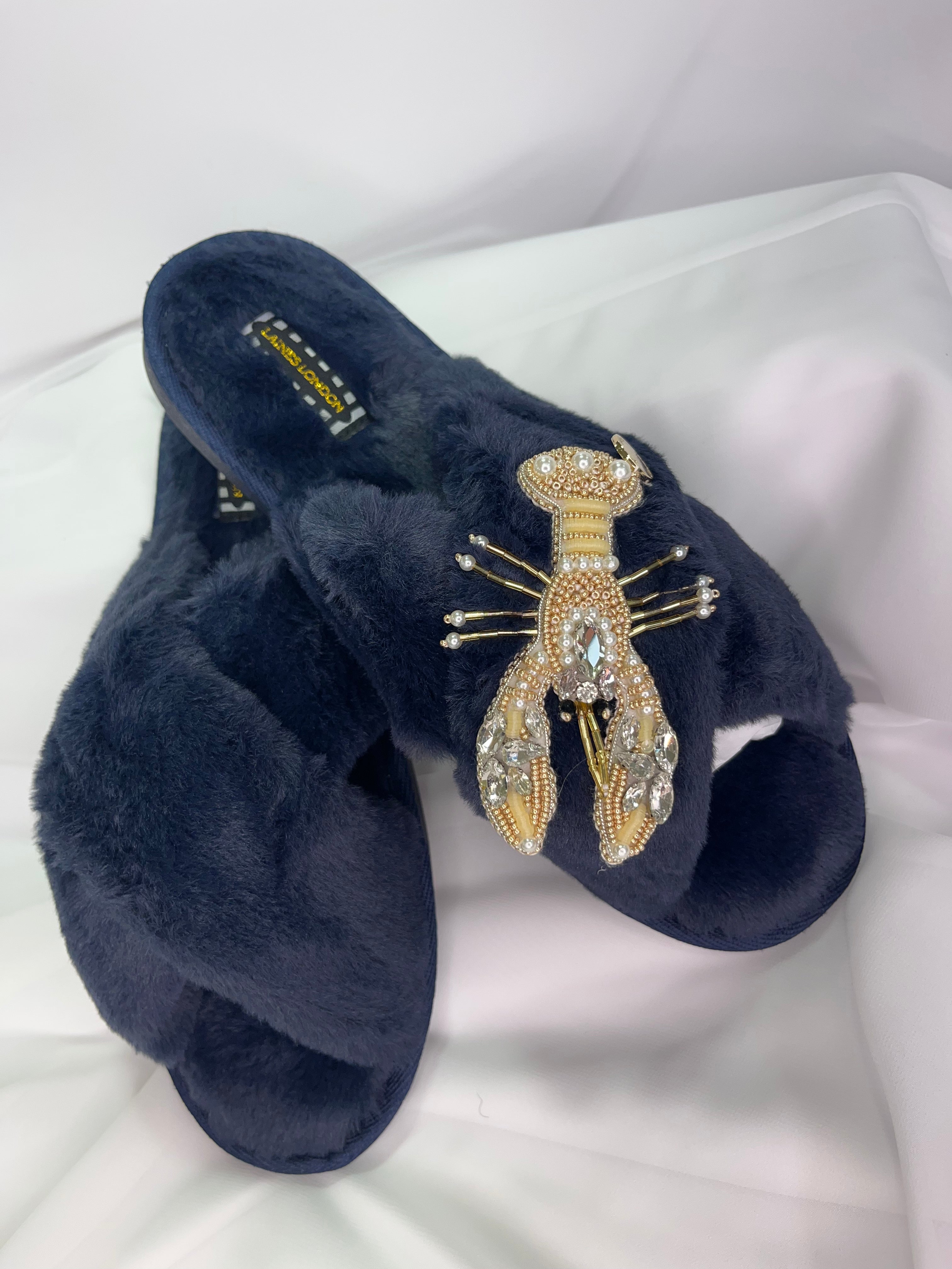 Laines London Navy Fluffy Slippers With Pearl & Gold Lobster Brooch