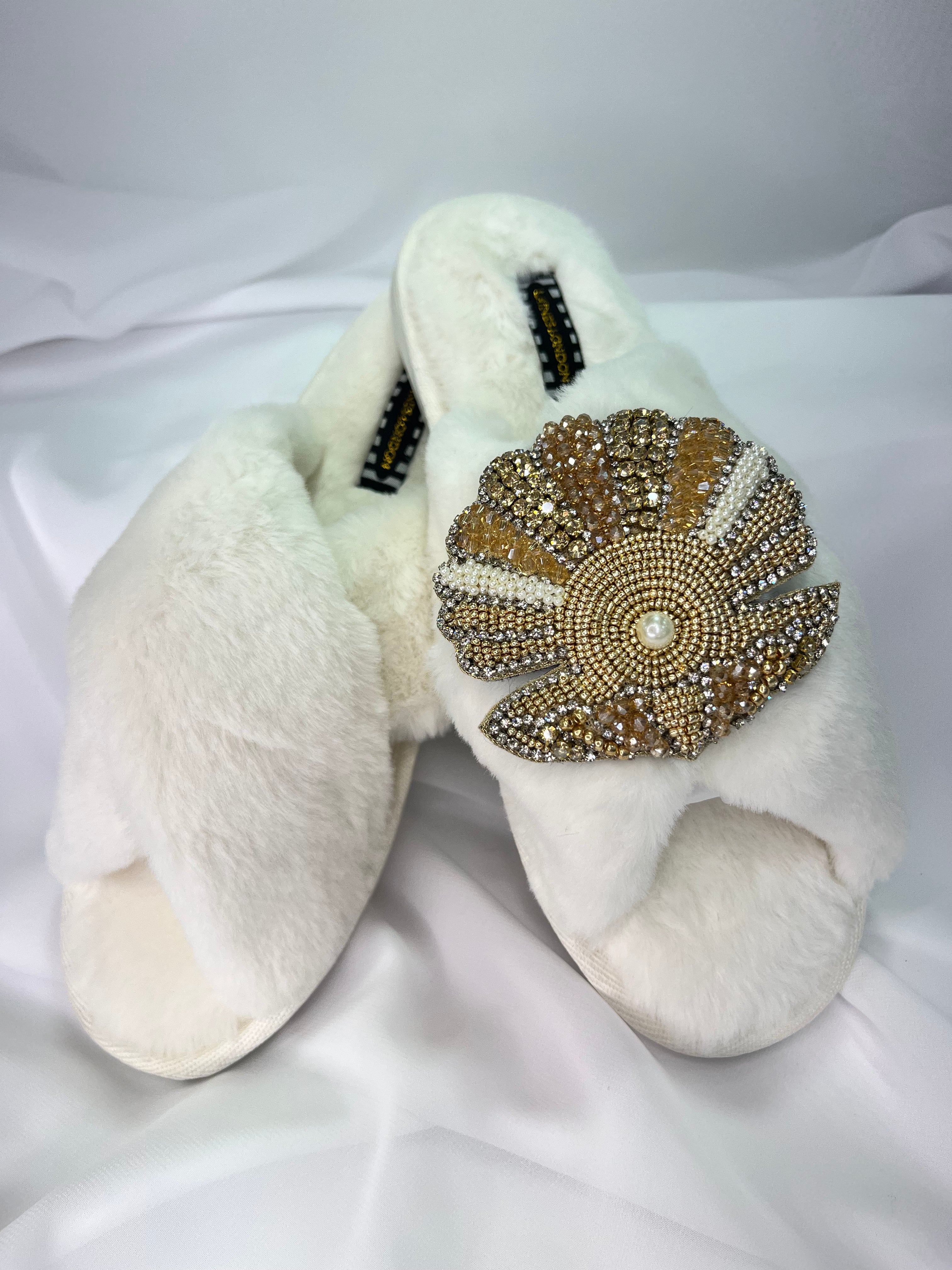 Laines London Cream Fluffy Slippers With Pearl & Gold Oyster Brooch