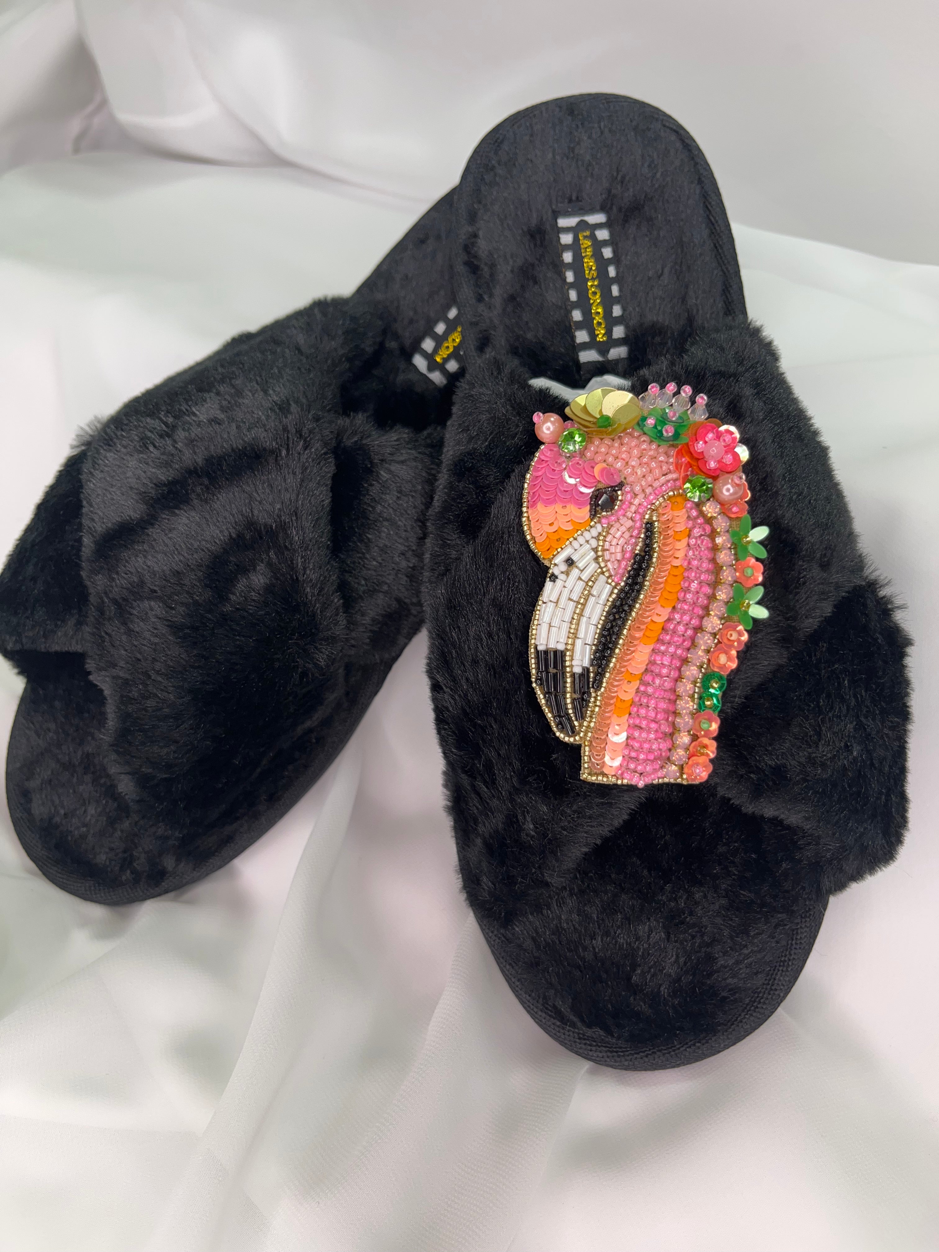 Laines London Black Fluffy Slippers With Flamingo Brooch