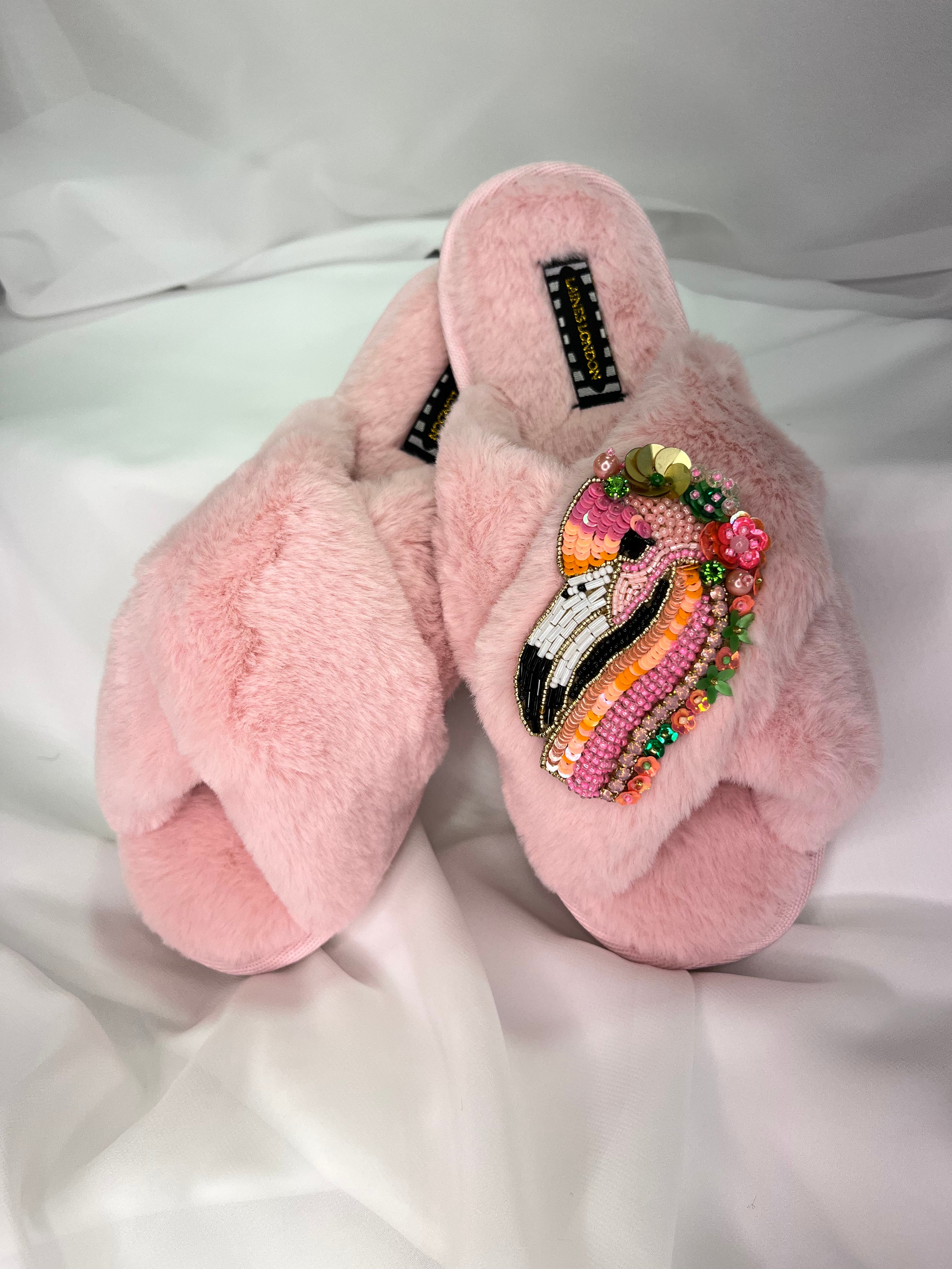 Laines London Pink Fluffy Slippers With Flamingo Brooch