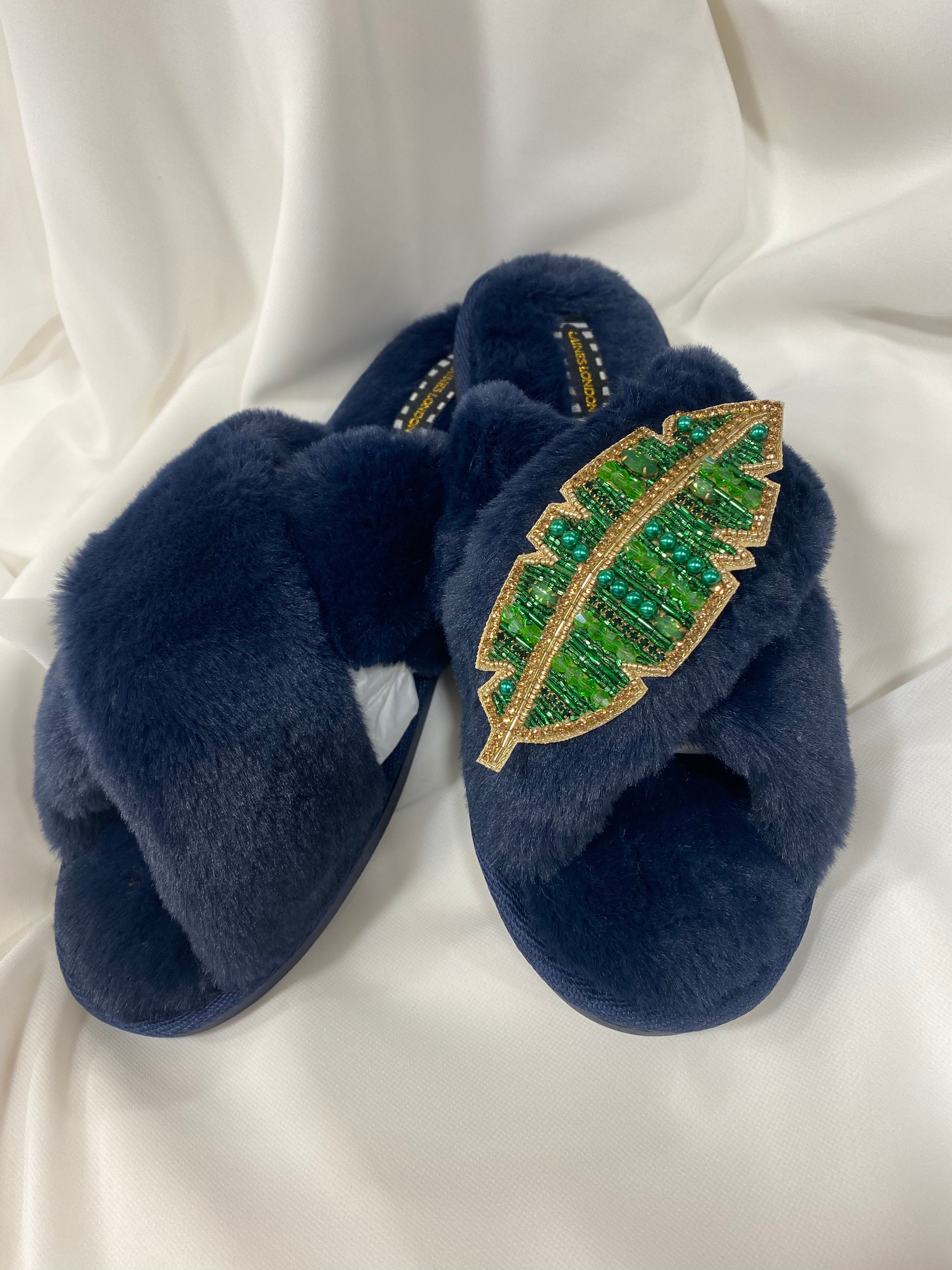 Laines London Navy Fluffy Slippers With Gold & Green Banana Leaf Brooch